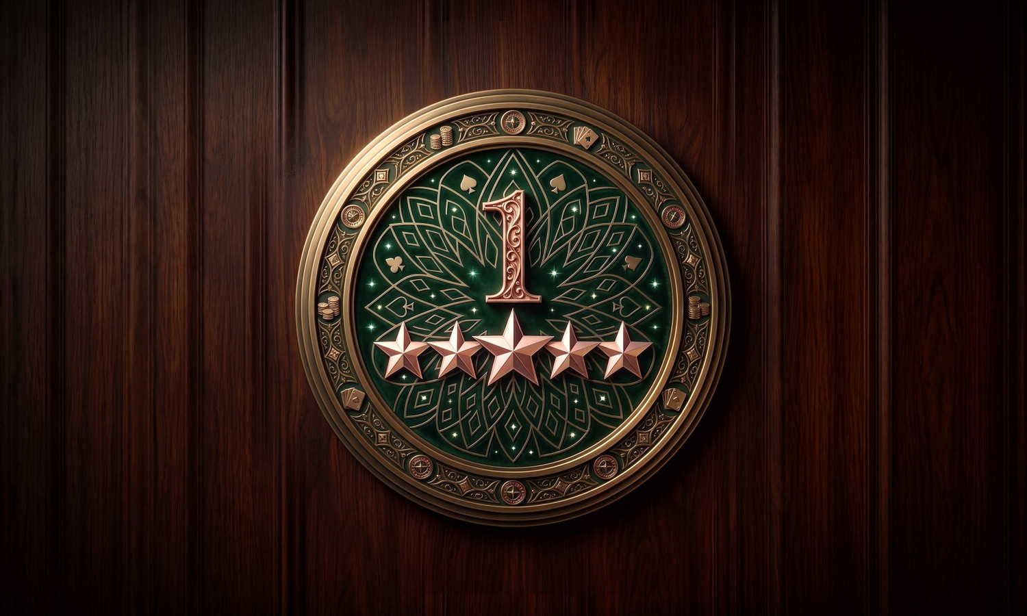 Ornate copper medallion numbered one with five stars, mounted on dark wood panelling